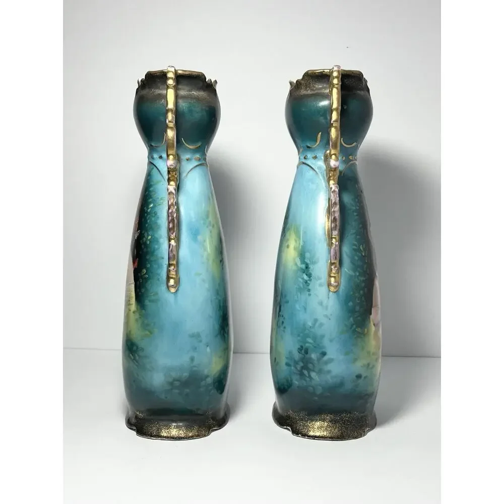 1890s Victoria Carlsbad Austria Art Nouveau 2 Art Nouveau Portrait Vases 11 5/8”